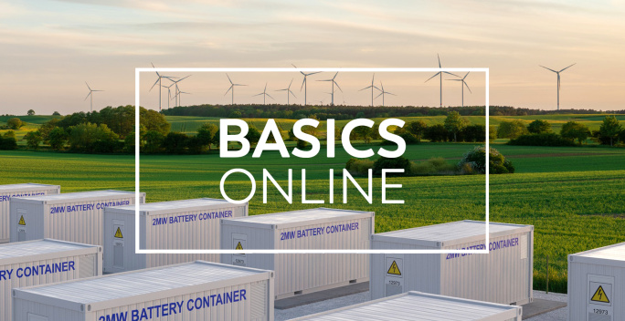 Batteriegroßspeicher und Windpark. Schriftzug BASICS ONLINE