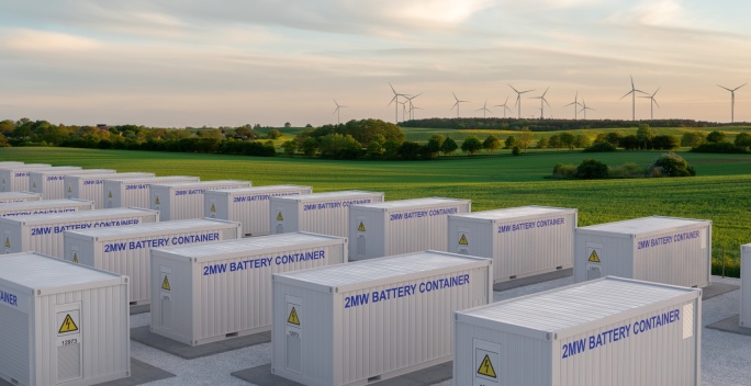 Batteriegroßspeicher im Vordergrund und ein Windpark im Hintergrund