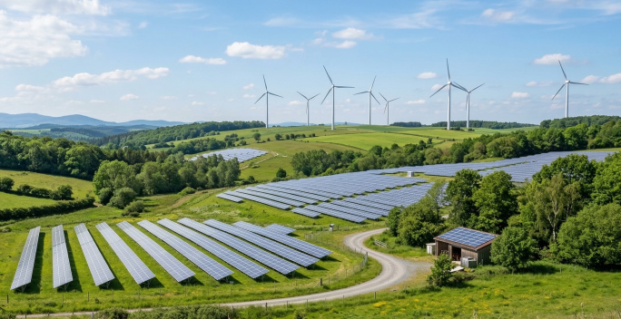 Auf einem grünen Hügel stehen mehrere Reihen von Solarmodulen. Hinter ihnen sind Windkraftanlagen im Betrieb. Der Rechtsrahmen von EE-Projekten ändert sich mit dem EEG 2027.