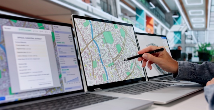 Auf einem Laptop sind Geoinformationssysteme abgebildet.