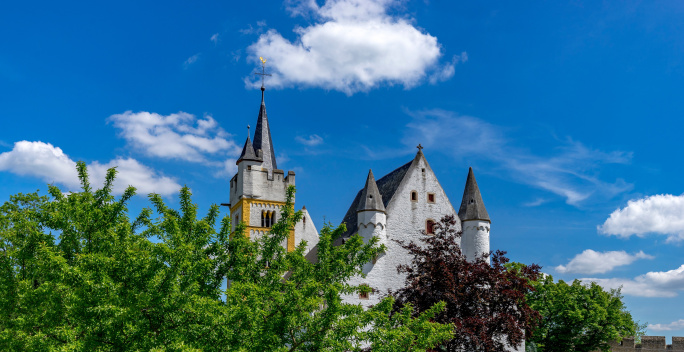 Kirche hinter Bäumen in Ingelheim