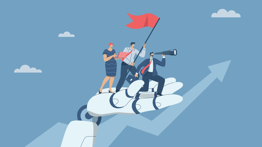 Computer animierte Zeichnung: Auf einer Robotorhand stehen drei Personen.