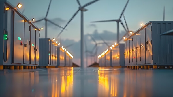 Reihen von Großbatteriespeichern mit Windrädern im Hintergrund.