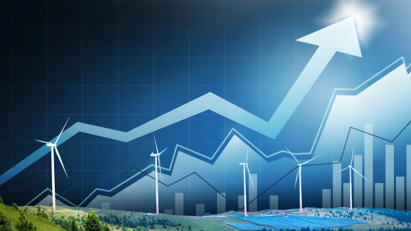 Windkraftanlagen mit Overlay von Grafik mit aufsteigendem Pfeil