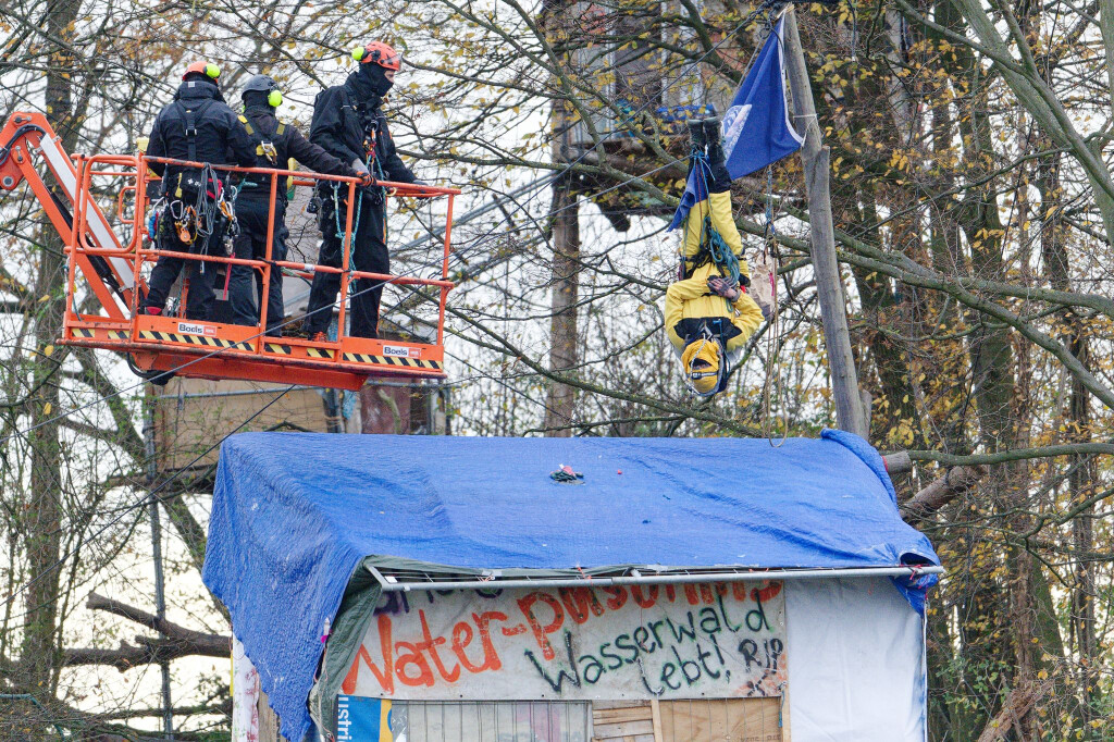 Mit einer Hebebühne nähern sich Polizisten einem Aktivisten, der kopfüber in einem Baum hängt. (Archivbild)